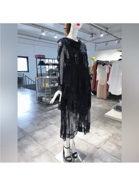 IC COLLECTION Black Lace Tiered Midi Dress with Sheer Sleeves